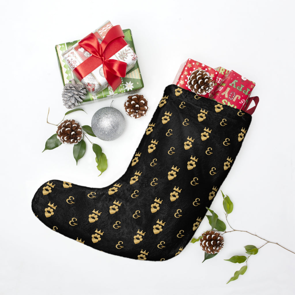 Sir Woof and Lady Purr Merry Woofmas Christmas Stocking, Luxury Black and Gold Dog Stocking, Pet Christmas Decor