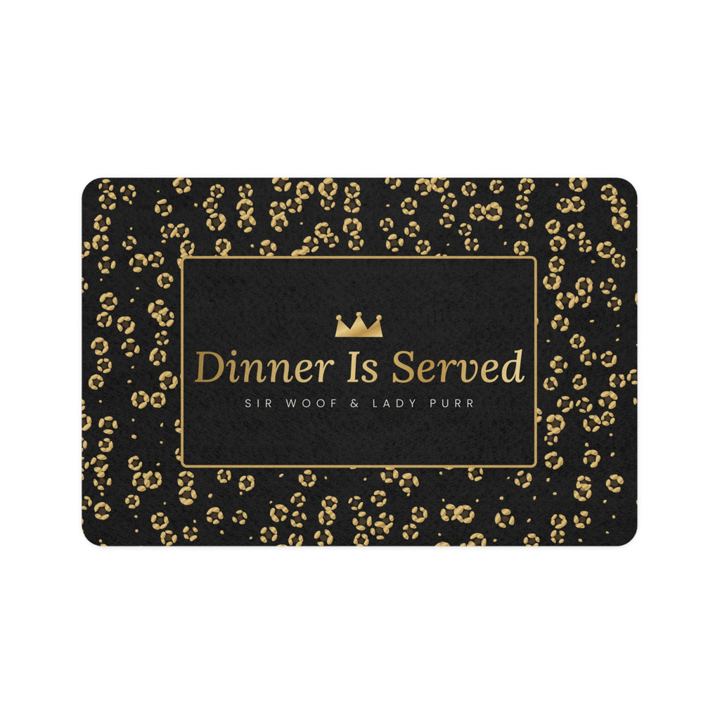 Sir Woof and Lady Purr Dinner Is Served Pet Food Mat, Luxury Black and Gold Leopard Feeding Mat for Dogs and Cats