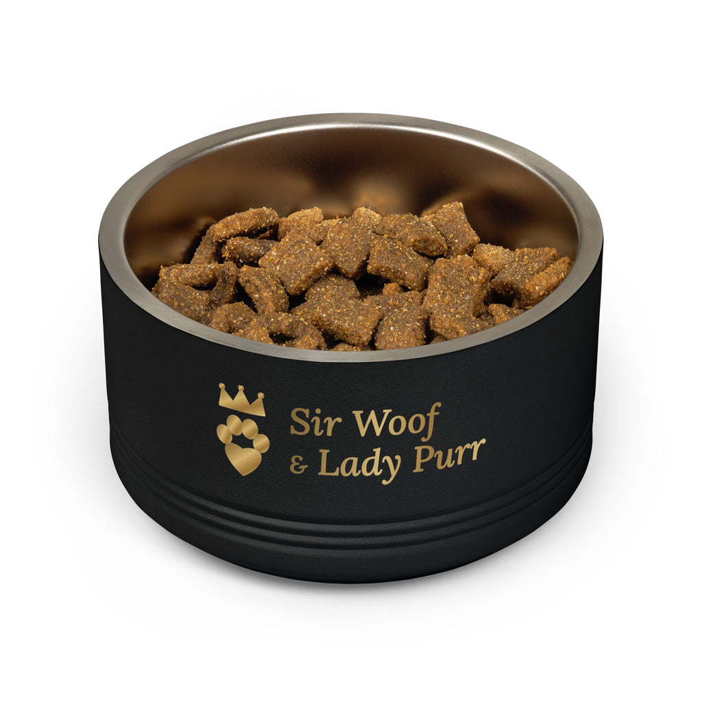 Sir Woof & Lady Purr Personalized Stainless Steel Pet Bowl 18oz - Custom Name in Gold