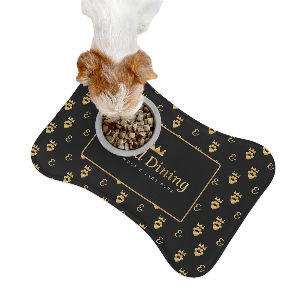 Sir Woof and Lady Purr Royal Dining Pet Feeding Mat, Luxury Black and Gold Bone Shaped Dog Food Mat, Cat Food Mat