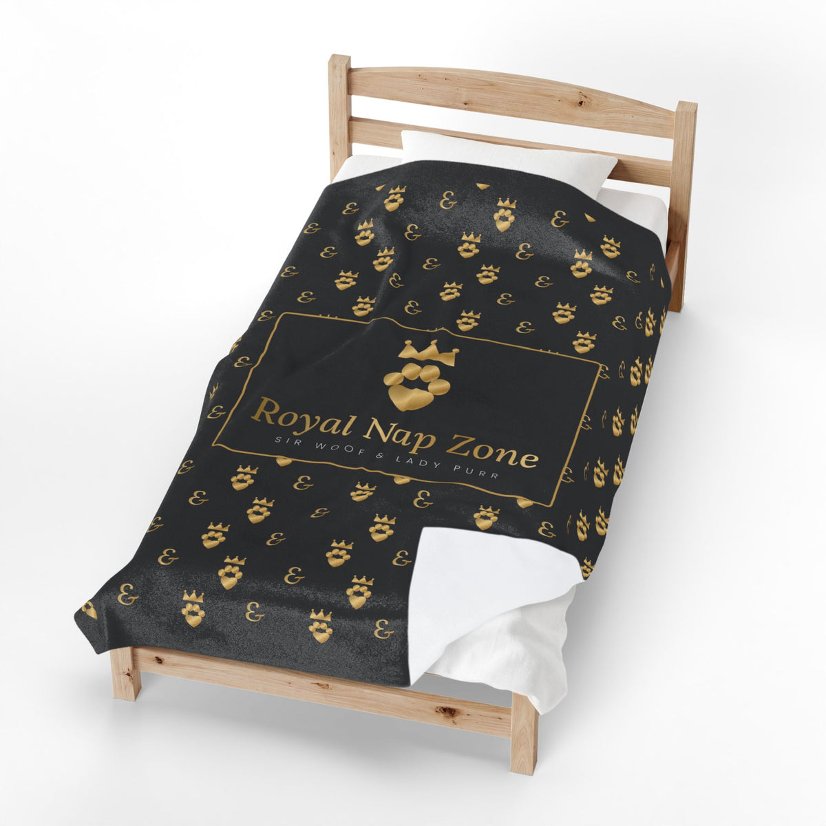 Sir Woof and Lady Purr Royal Nap Zone Blanket, Luxury Black and Gold Velveteen Plush Throw, Dog and Cat Blanket
