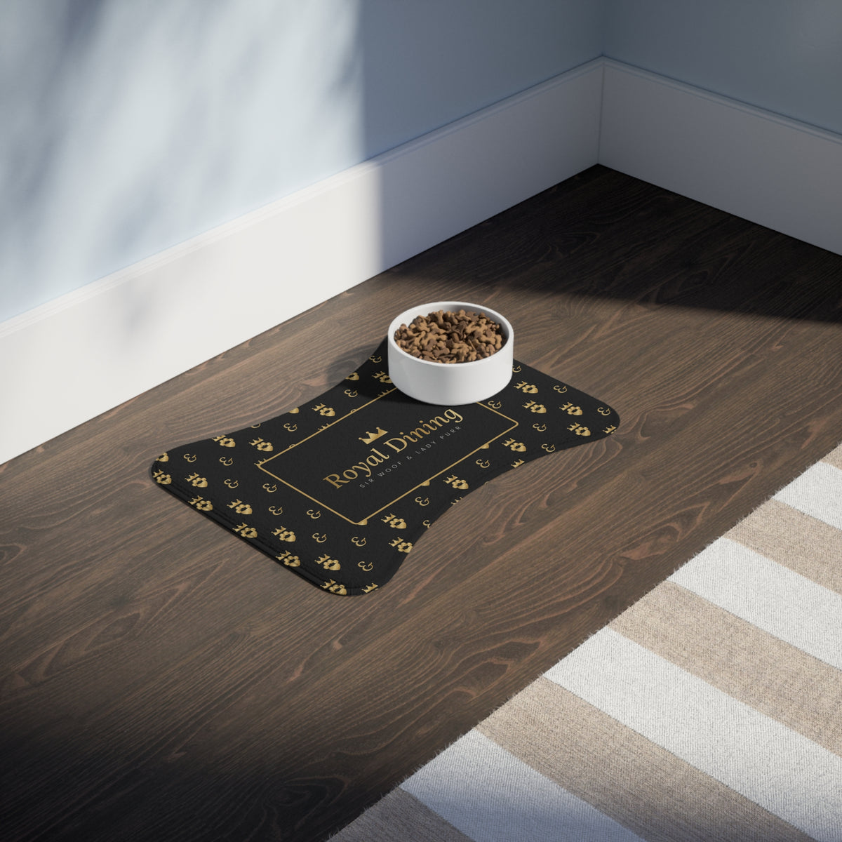 Sir Woof and Lady Purr Royal Dining Pet Feeding Mat, Luxury Black and Gold Bone Shaped Dog Food Mat, Cat Food Mat