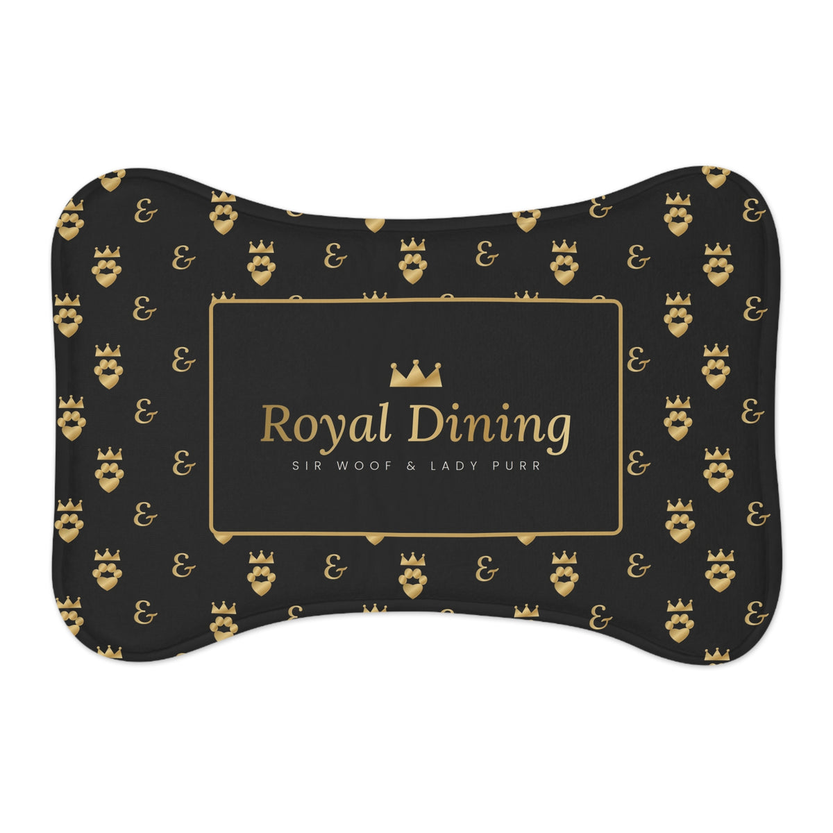Sir Woof and Lady Purr Royal Dining Pet Feeding Mat, Luxury Black and Gold Bone Shaped Dog Food Mat, Cat Food Mat