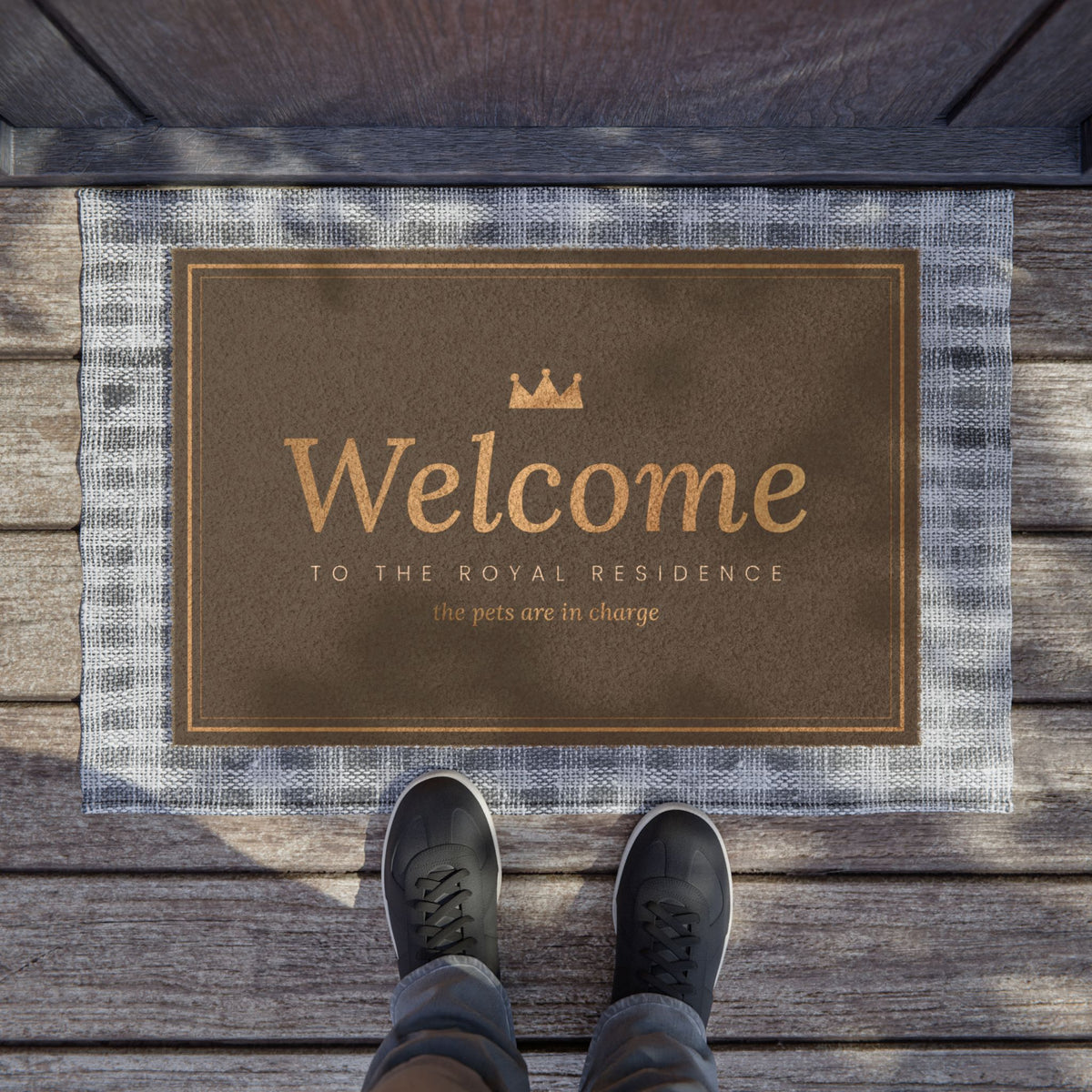 Sir Woof and Lady Purr Welcome Doormat, Luxury Black and Gold Royal Residence Door Mat, Funny Pet Lover Gift, 24x16