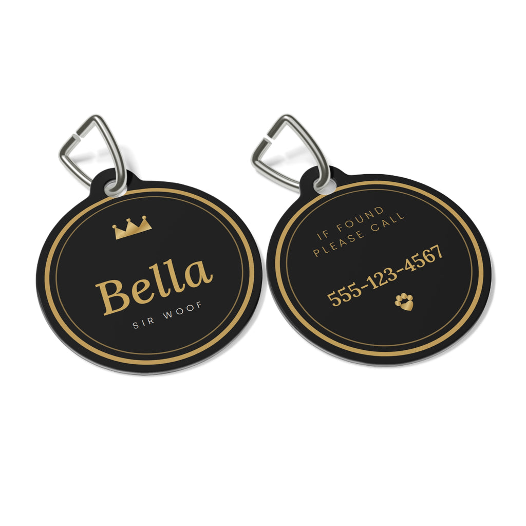 Personalized Dog ID Tag with Name and Phone Number, Sir Woof and Lady Purr Luxury Black and Gold Pet Tag, Custom Cat Tag