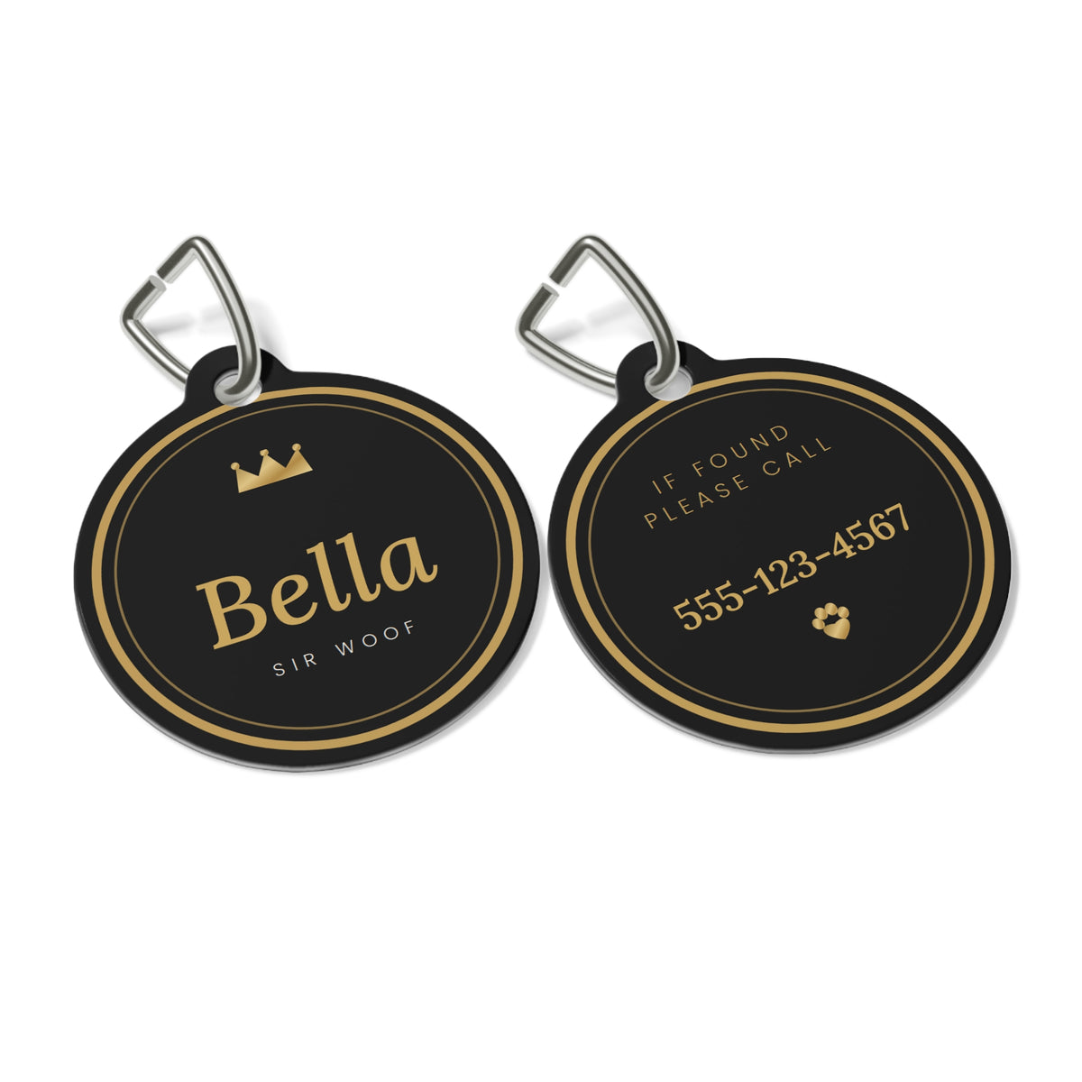 Personalized Dog ID Tag with Name and Phone Number, Sir Woof and Lady Purr Luxury Black and Gold Pet Tag, Custom Cat Tag