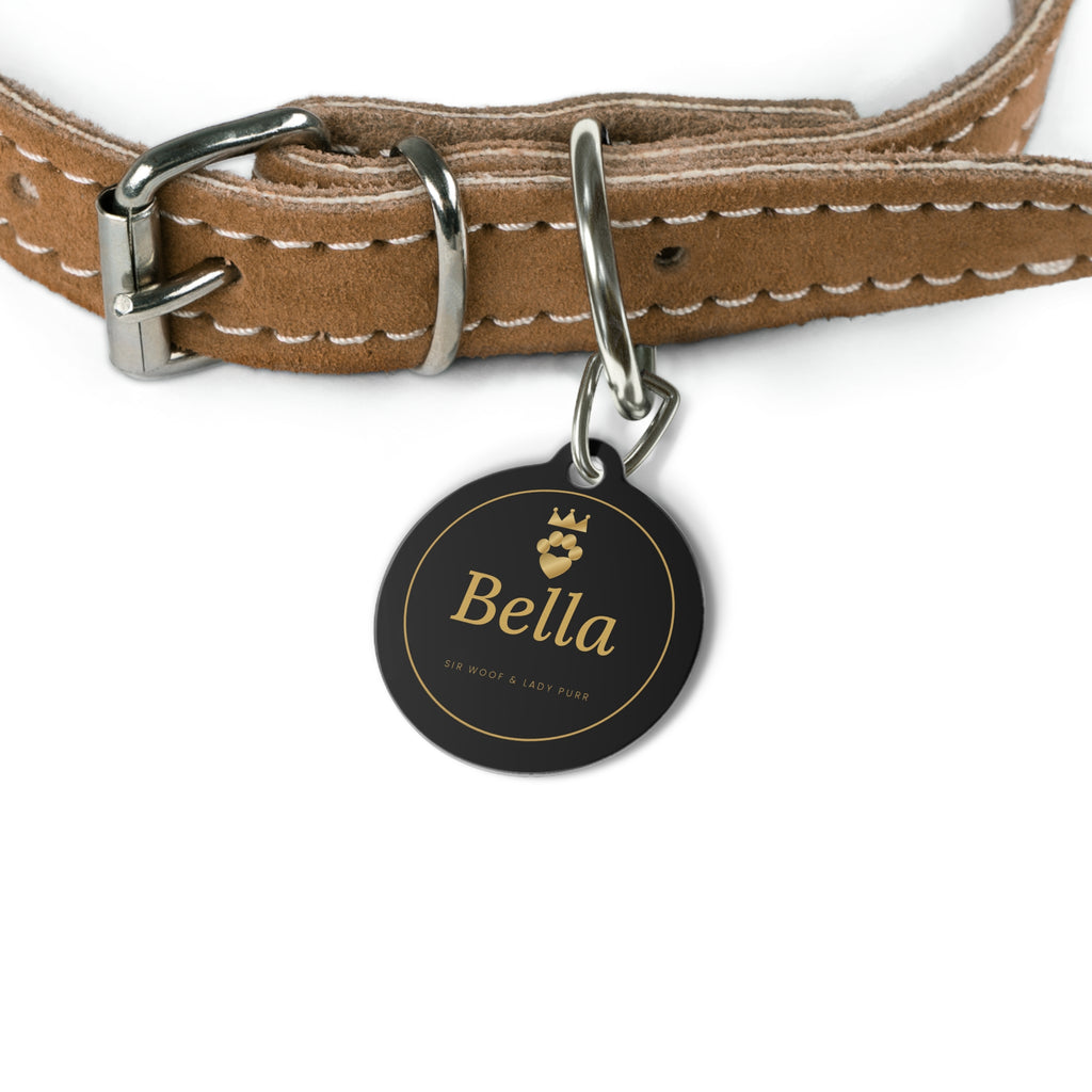 Sir Woof & Lady Purr Personalized Pet ID Tag - Custom Name & Phone Black & Gold Crown Dog & Cat Tag