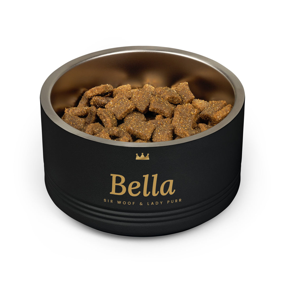 Personalized Dog Bowl with Name, Sir Woof and Lady Purr Luxury Black and Gold Stainless Steel Pet Bowl, Non Slip Custom Cat Bowl