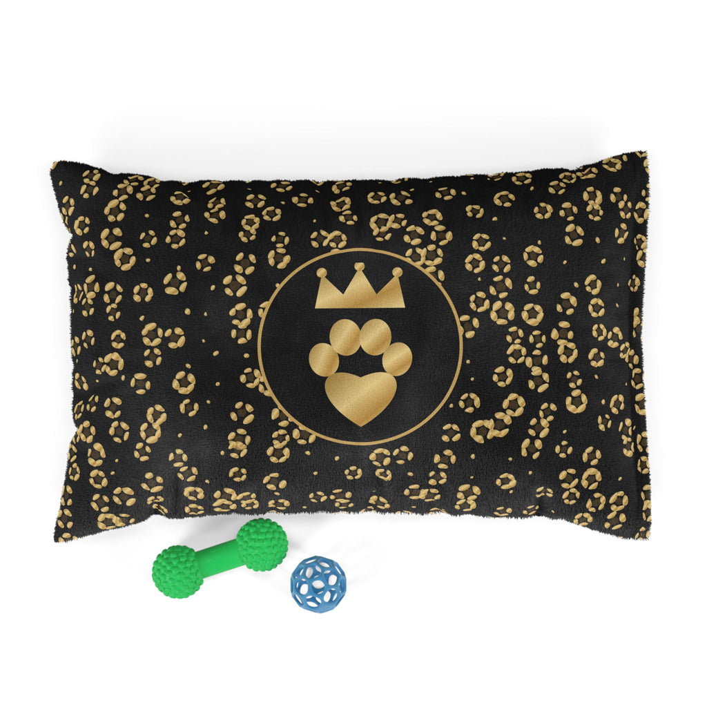 Sir Woof and Lady Purr Gold Leopard Dog Bed, Luxury Black and Gold Pet Bed with Crown Crest, Dog and Cat Bed