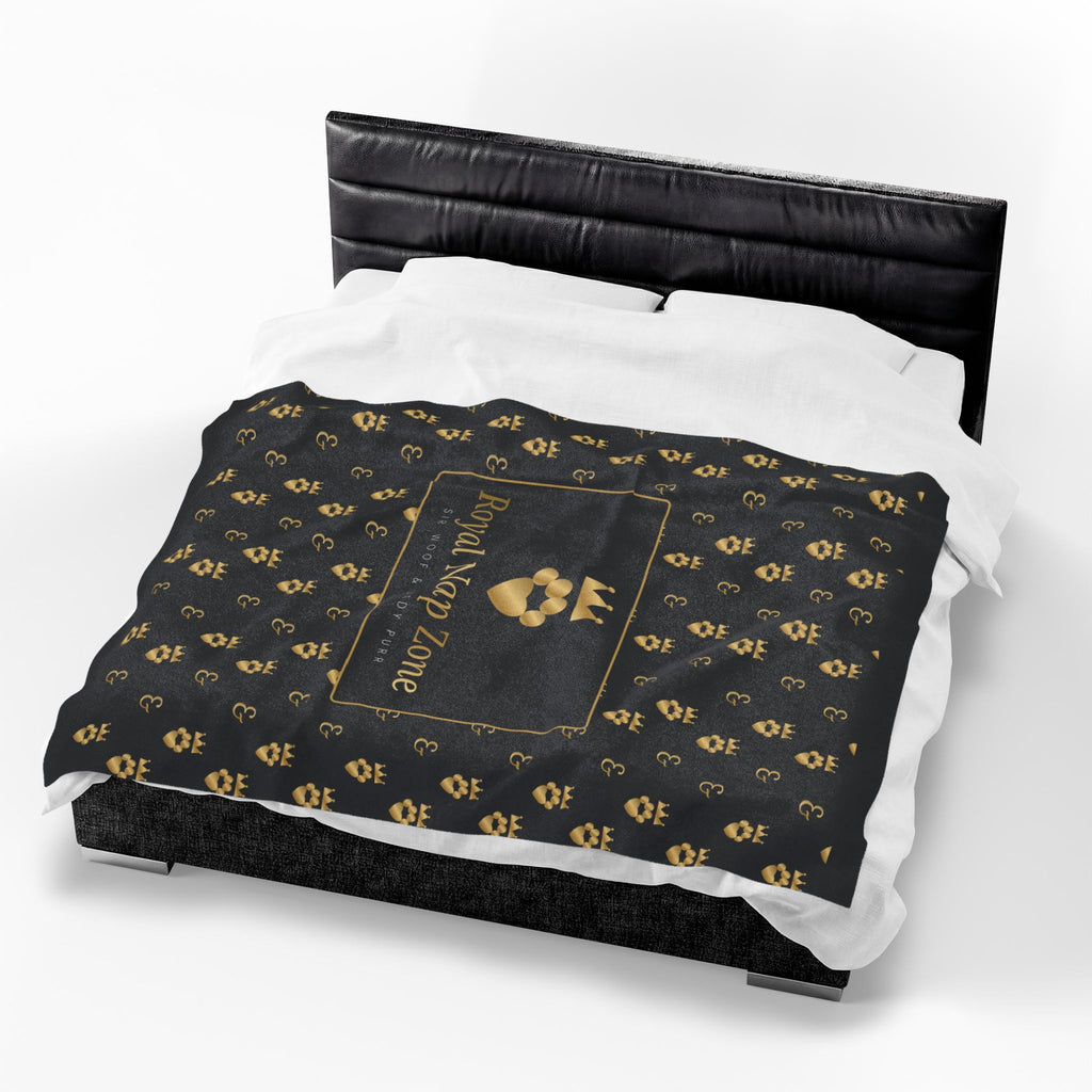 Sir Woof and Lady Purr Royal Nap Zone Blanket, Luxury Black and Gold Velveteen Plush Throw, Dog and Cat Blanket