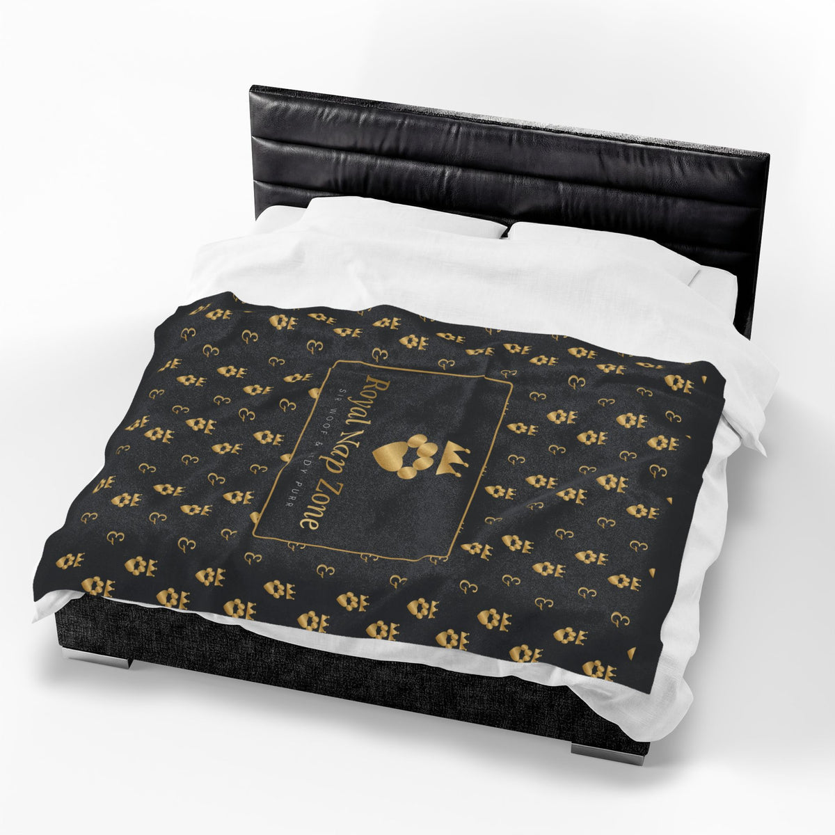 Sir Woof and Lady Purr Royal Nap Zone Blanket, Luxury Black and Gold Velveteen Plush Throw, Dog and Cat Blanket