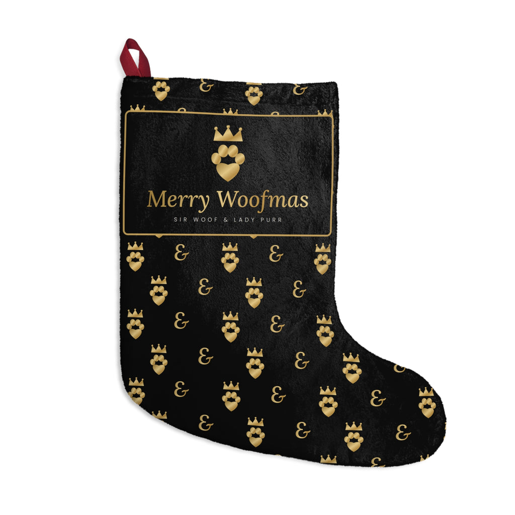 Sir Woof and Lady Purr Merry Woofmas Christmas Stocking, Luxury Black and Gold Dog Stocking, Pet Christmas Decor