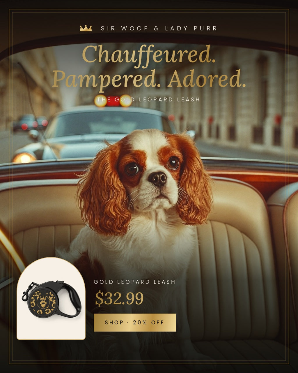Sir Woof & Lady Purr Gold Leopard Retractable Dog Leash - Luxury Black & Gold 16ft Tangle-Free Lead