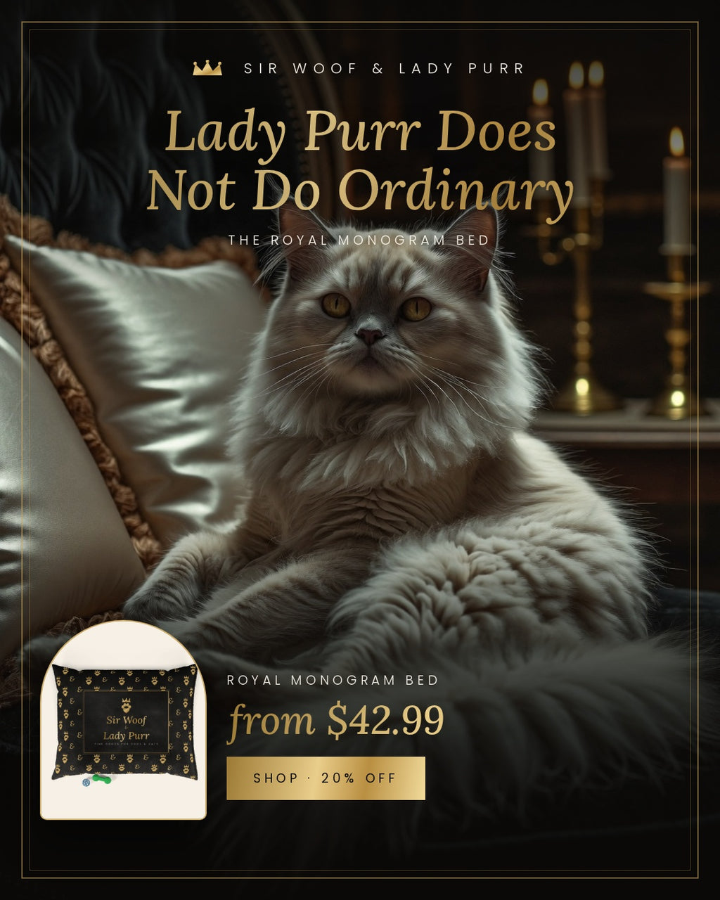 Sir Woof & Lady Purr Luxury Pet Bed - Black & Gold Royal Monogram Dog & Cat Bed
