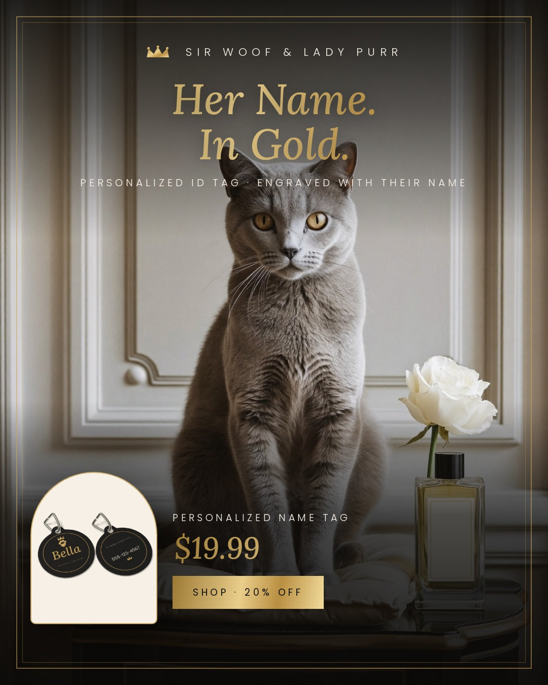 Sir Woof & Lady Purr Personalized Pet ID Tag - Custom Name & Phone Black & Gold Crown Dog & Cat Tag