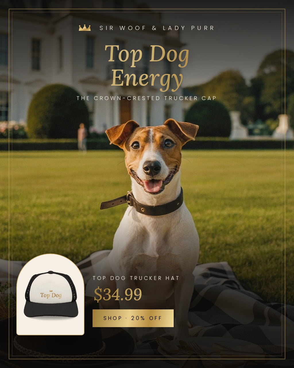 Sir Woof & Lady Purr "Top Dog" Trucker Hat for Dogs - Luxury Gold Crown Pet Cap