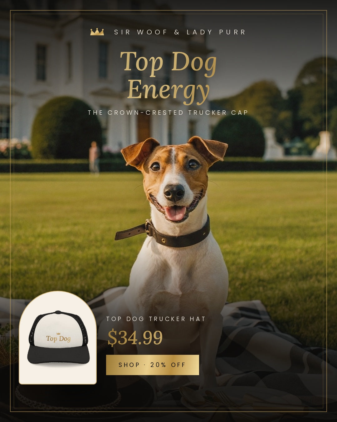 Sir Woof & Lady Purr "Top Dog" Trucker Hat for Dogs - Luxury Gold Crown Pet Cap