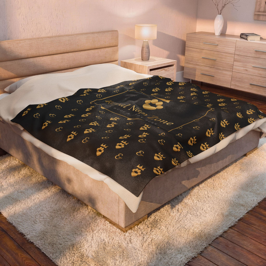 Sir Woof and Lady Purr Royal Nap Zone Blanket, Luxury Black and Gold Velveteen Plush Throw, Dog and Cat Blanket