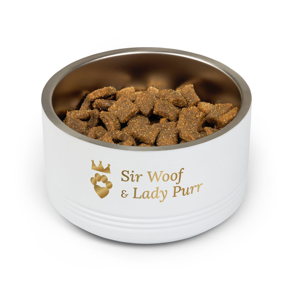 Sir Woof & Lady Purr Personalized Stainless Steel Pet Bowl 18oz - Custom Name in Gold