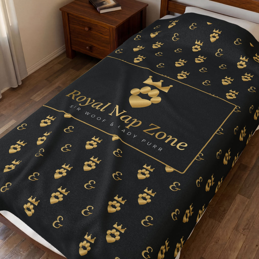 Sir Woof and Lady Purr Royal Nap Zone Blanket, Luxury Black and Gold Velveteen Plush Throw, Dog and Cat Blanket