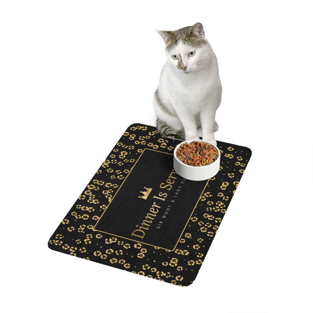 Sir Woof and Lady Purr Dinner Is Served Pet Food Mat, Luxury Black and Gold Leopard Feeding Mat for Dogs and Cats