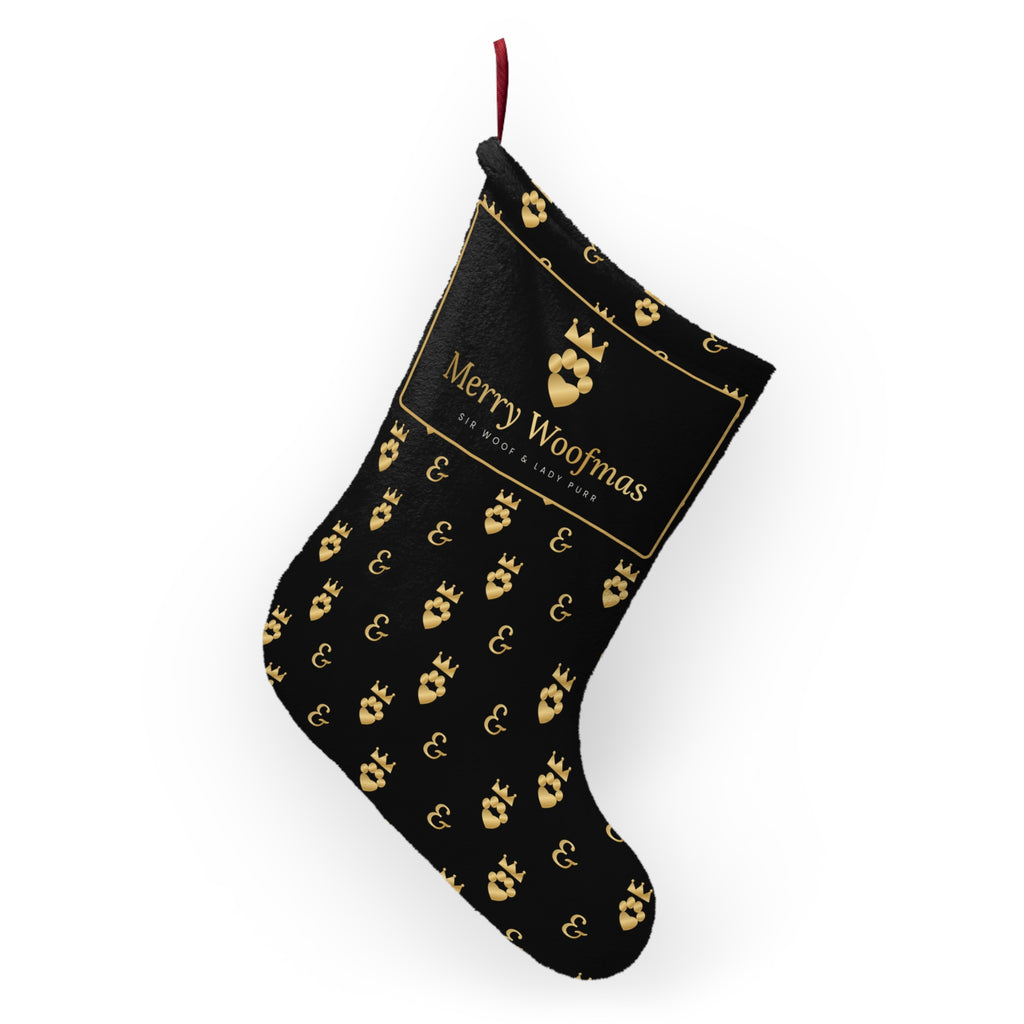 Sir Woof and Lady Purr Merry Woofmas Christmas Stocking, Luxury Black and Gold Dog Stocking, Pet Christmas Decor