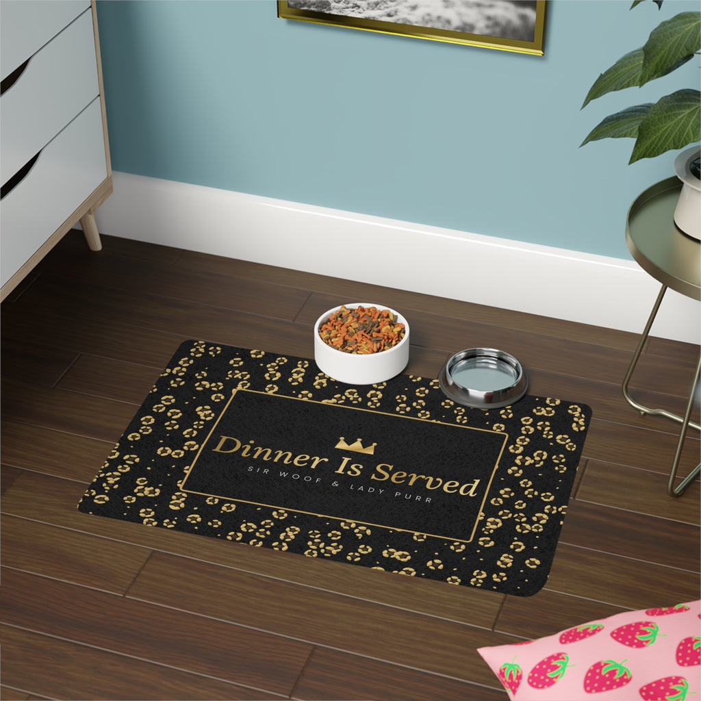Sir Woof and Lady Purr Dinner Is Served Pet Food Mat, Luxury Black and Gold Leopard Feeding Mat for Dogs and Cats