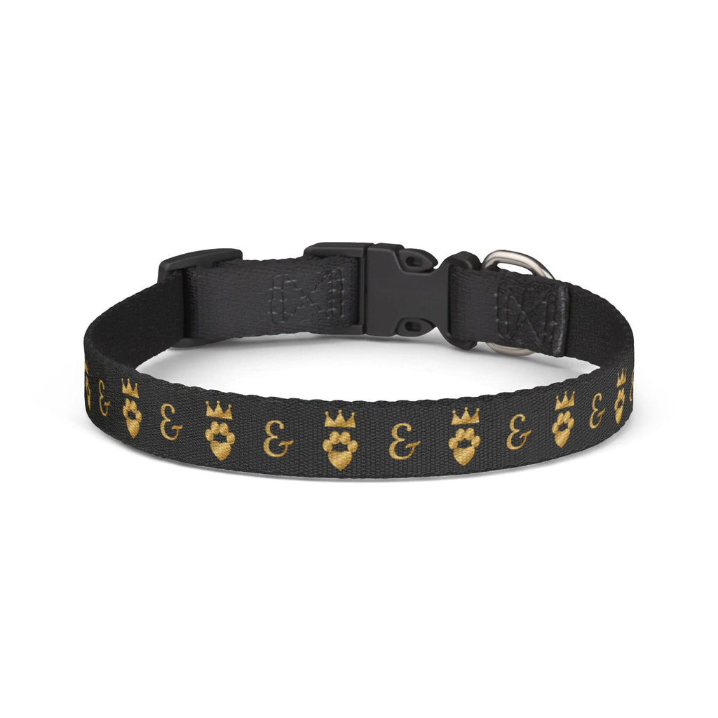 Sir Woof and Lady Purr Royal Monogram Dog Collar, Luxury Black and Gold Designer Pet Collar, Adjustable Dog Collar