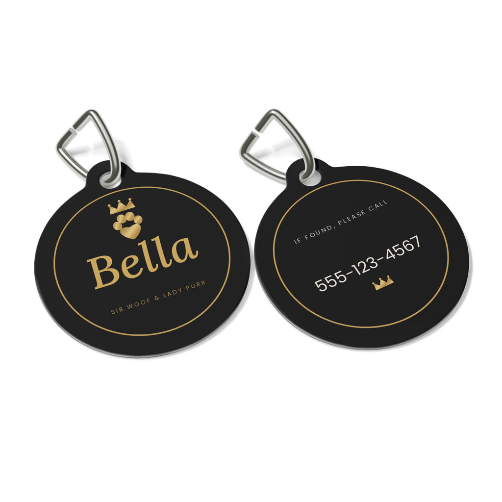 Sir Woof & Lady Purr Personalized Pet ID Tag - Custom Name & Phone Black & Gold Crown Dog & Cat Tag
